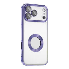 iPhone 17 Pro Max Kılıf Logo Gösteren Parlak Kenarlı Kamera Lens Korumalı Şeffaf Omega Silikon Kapak Lila