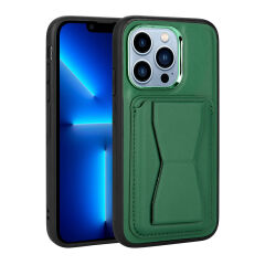 iPhone 13 Pro Kılıf Kartlıklı Standlı ​Pu Deri Memo Kapak Koyu Yeşil