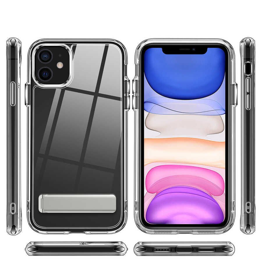 iPhone 11 Kılıf Standlı Şeffaf Silikon L-Stand Kapak