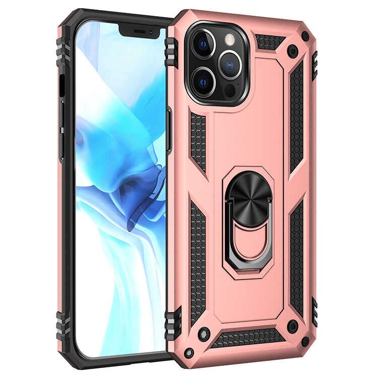 iPhone 12 Pro Kılıf Vega Tank Sert Yüzüklü Standlı Zırh Koruma Kapak Rose Gold