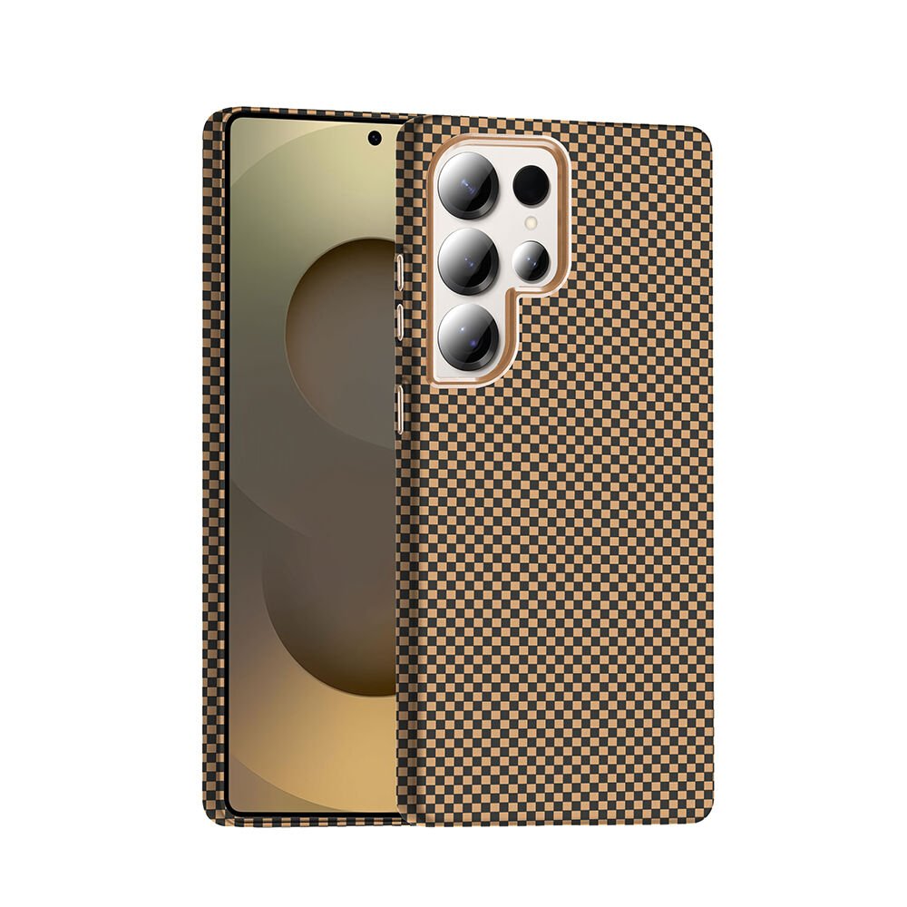 Samsung Galaxy S25 Ultra Kılıf Kablosuz Şarj Özellikli Karbon Fiber Görünümlü Gros Kapak Desert Titanyum