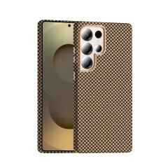 Samsung Galaxy S25 Ultra Kılıf Kablosuz Şarj Özellikli Karbon Fiber Görünümlü Gros Kapak Desert Titanyum