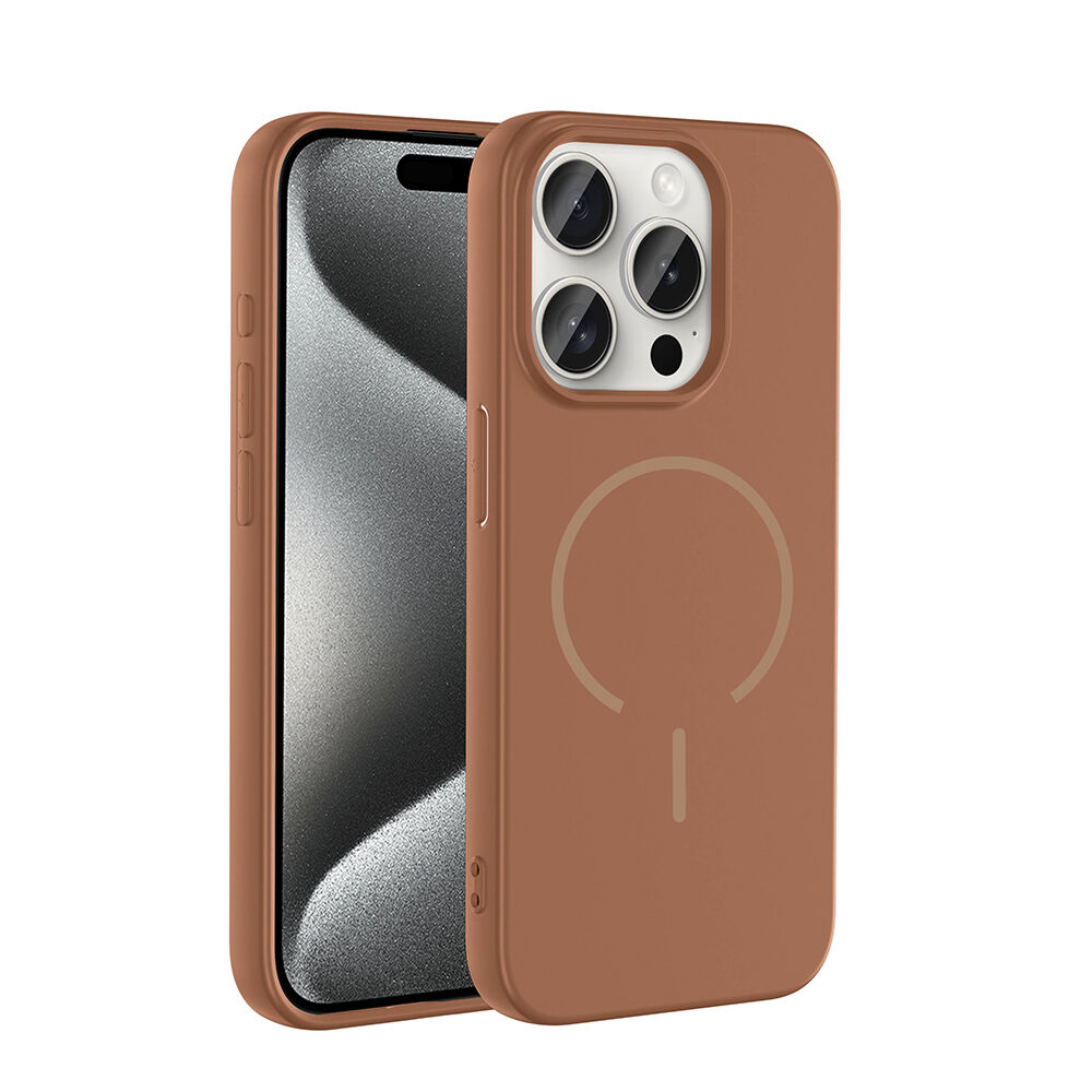 iPhone 15 Pro Kılıf Meta Lansman M-Safe Kamera Korumalı içi Kadife Yumuşak Renkli Süet Silikon Kahverengi