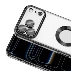 iPhone 17 Pro Kılıf Logo Gösteren Parlak Kenarlı Kamera Lens Korumalı Şeffaf Omega Silikon Kapak