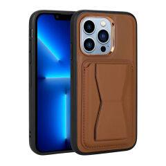 iPhone 13 Pro Kılıf Kartlıklı Standlı ​Pu Deri Memo Kapak Kahverengi
