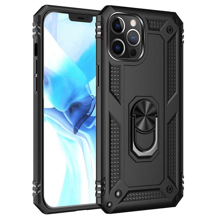 iPhone 12 Pro Kılıf Vega Tank Sert Yüzüklü Standlı Zırh Koruma Kapak Siyah