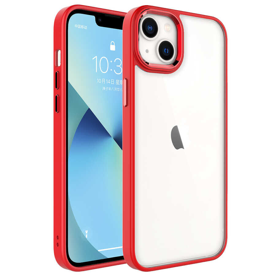 iPhone 14 Kılıf Renkli Silikon Kenarlı Krom Kapak Kırmızı