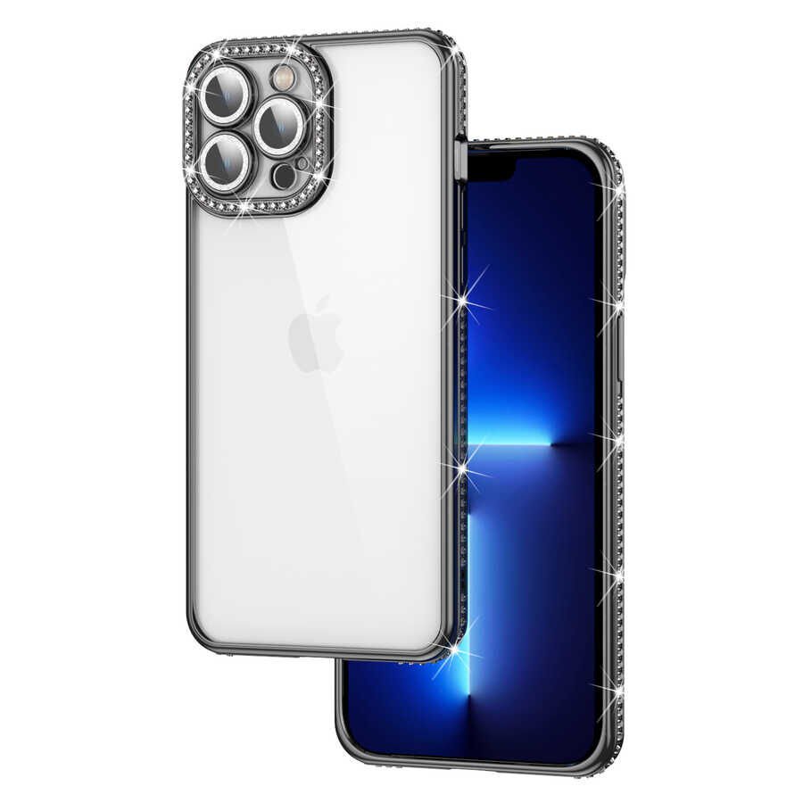iPhone 12 Pro Kılıf Kamera Korumalı Taşlı Mina Kapak Siyah
