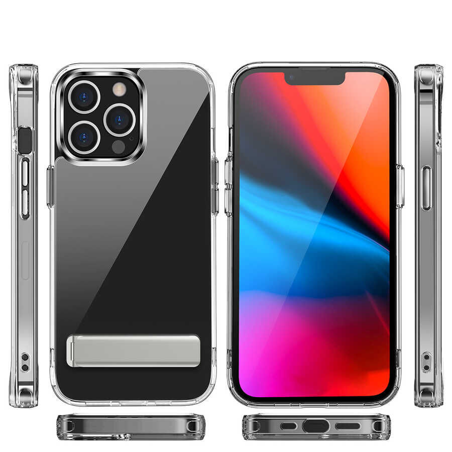 iPhone 12 Pro Max Kılıf Standlı Şeffaf Silikon L-Stand Kapak