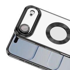 iPhone 17 Air Kılıf Logo Gösteren Parlak Kenarlı Kamera Lens Korumalı Şeffaf Omega Silikon Kapak