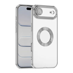 iPhone 17 Air Kılıf Logo Gösteren Parlak Kenarlı Kamera Lens Korumalı Şeffaf Omega Silikon Kapak
