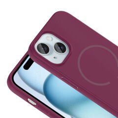 iPhone 15 Kılıf Meta Lansman M-Safe Kamera Korumalı içi Kadife Yumuşak Renkli Süet Silikon Mürdüm