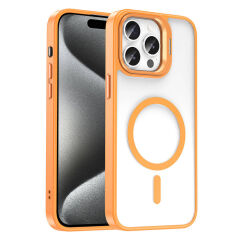 iPhone 15 Pro Max Kılıf Magsafe Wireless Şarj Özellikli Standlı Magsafe Klon Lensli Kapak Kılıf Turuncu