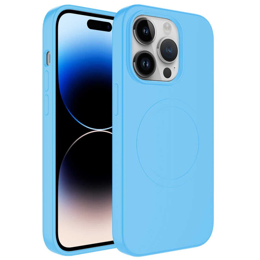 iPhone 13 Pro Kılıf Magsafe Wireless Şarj Özellikli Pastel Renk Silikon Plas Kapak Mavi Açık