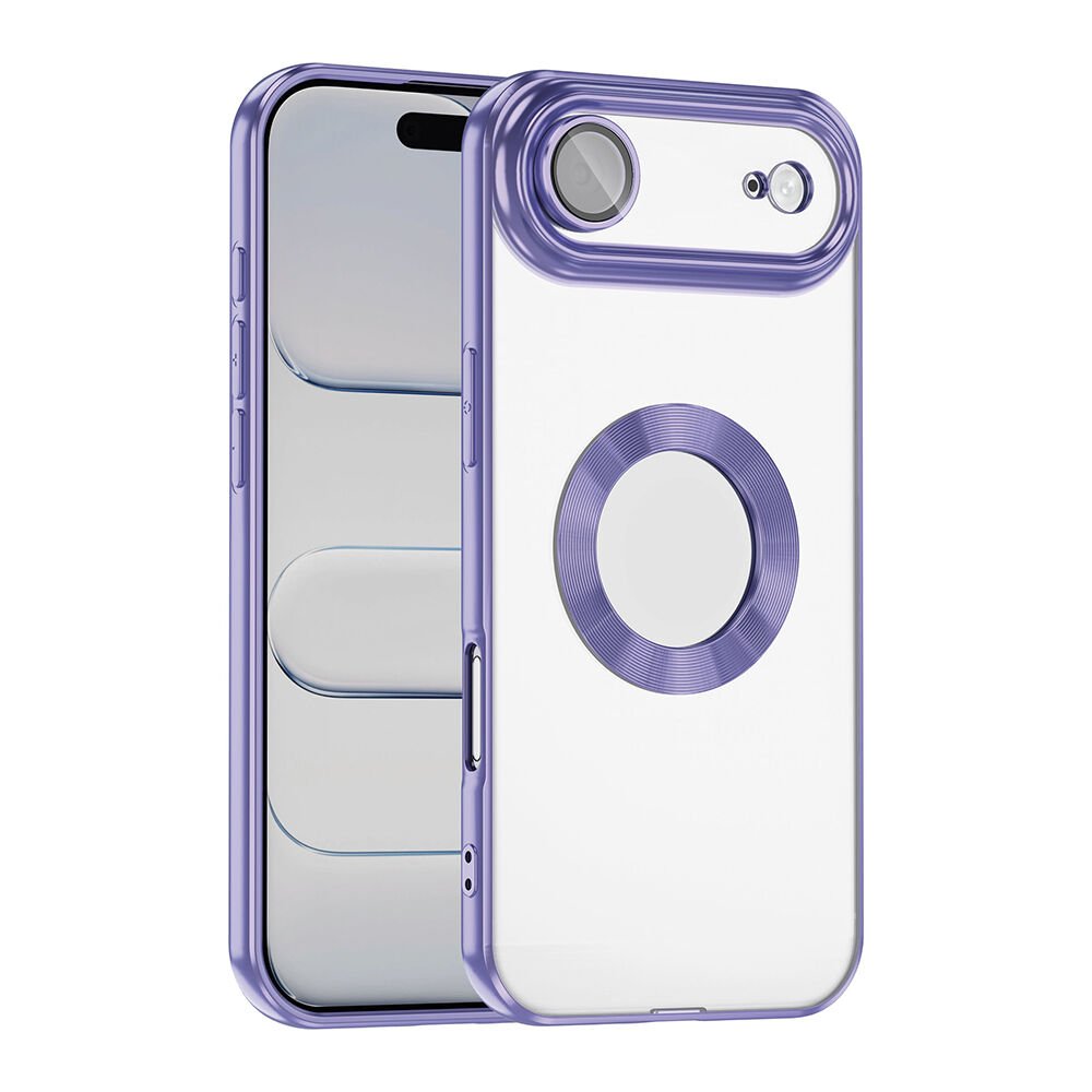 iPhone 17 Air Kılıf Logo Gösteren Parlak Kenarlı Kamera Lens Korumalı Şeffaf Omega Silikon Kapak Lila