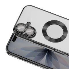 iPhone 17 Kılıf Logo Gösteren Parlak Kenarlı Kamera Lens Korumalı Şeffaf Omega Silikon Kapak