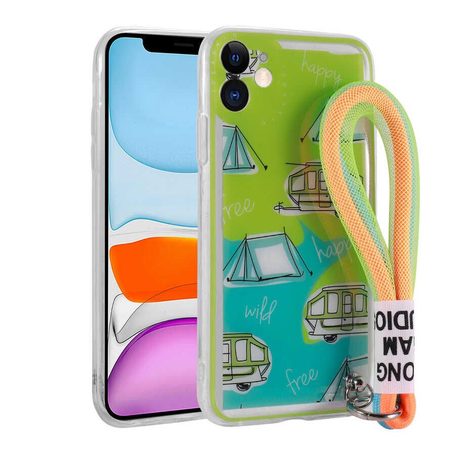 iPhone 11 Kılıf Desenli El Askılı İpli Astana Silikon Kapak Kamp