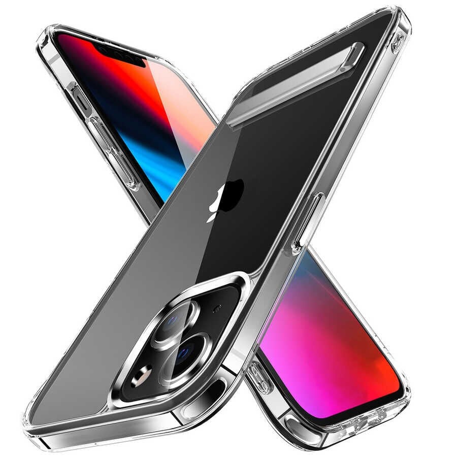 iPhone 14 Kılıf Standlı Şeffaf Silikon L-Stand Kapak Renksiz