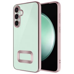 Samsung Galaxy S25 FE Kılıf Logo Gösteren Parlak Kenarlı Kamera Lens Korumalı Şeffaf Omega Silikon Kapak