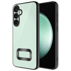 Samsung Galaxy S25 FE Kılıf Logo Gösteren Parlak Kenarlı Kamera Lens Korumalı Şeffaf Omega Silikon Kapak