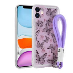 iPhone 11 Kılıf Desenli El Askılı İpli Astana Silikon Kapak Kelebek