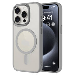 iPhone 15 Pro Kılıf Wireless Şarj Özellikli Krom Magsafe Silikon Kapak Kılıf Gri