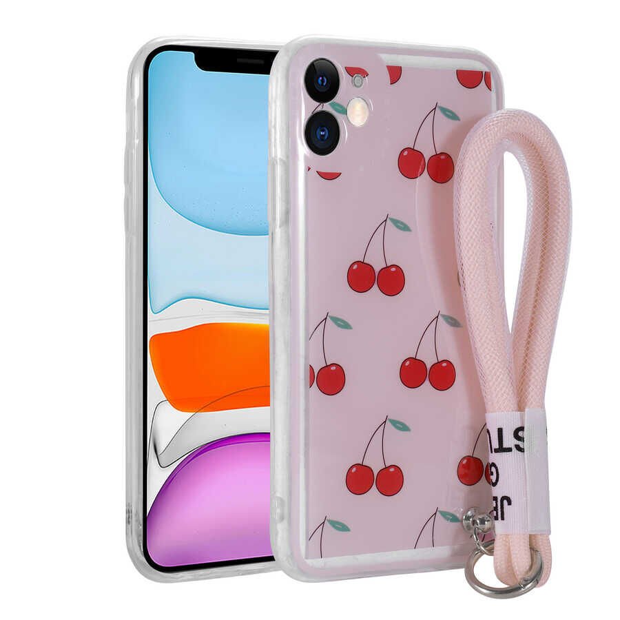 iPhone 11 Kılıf Desenli El Askılı İpli Astana Silikon Kapak Kiraz