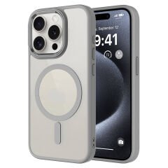 iPhone 15 Pro Max Kılıf Wireless Şarj Özellikli Krom Magsafe Silikon Kapak Kılıf Gri