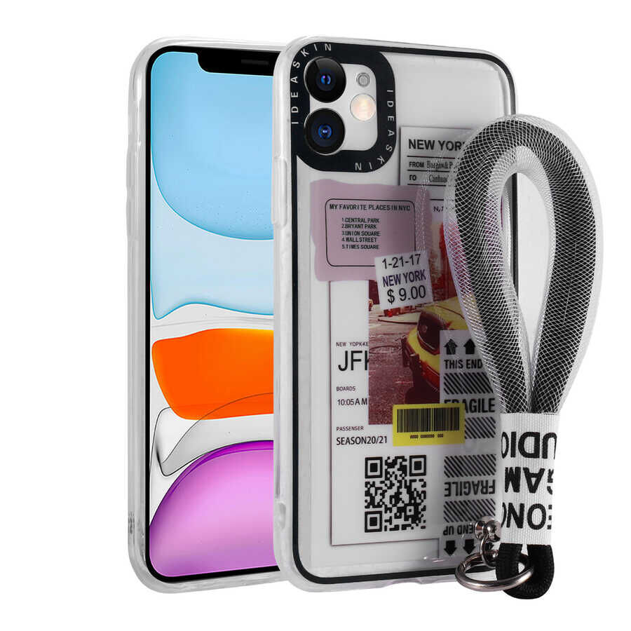 iPhone 11 Kılıf Desenli El Askılı İpli Astana Silikon Kapak Sarı Taksi