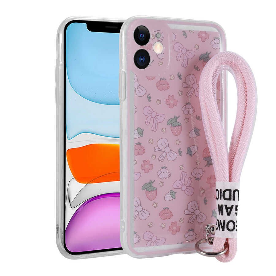 iPhone 11 Kılıf Desenli El Askılı İpli Astana Silikon Kapak Çilek