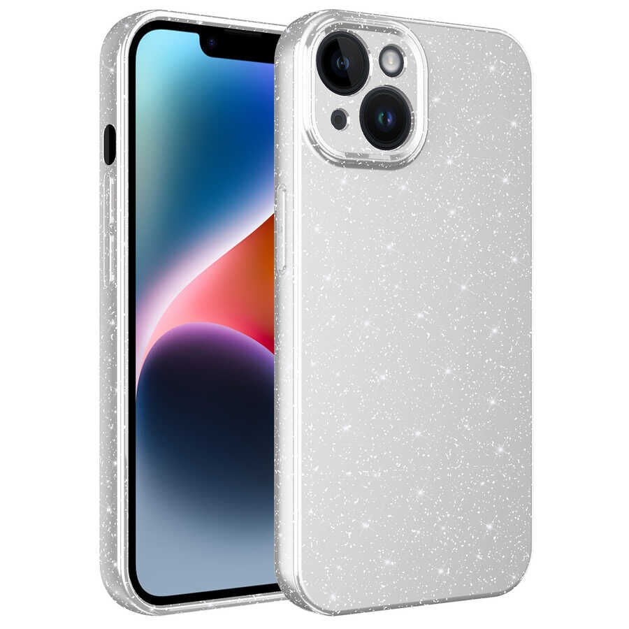 iPhone 14 Plus Kılıf Kamera Korumalı Simli Lüks Koton Kapak Beyaz