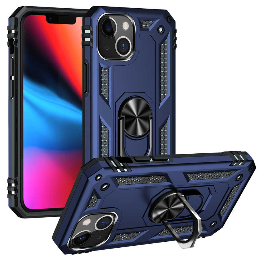 iPhone 13 Mini Kılıf Vega Tank Sert Yüzüklü Standlı Zırh Koruma Kapak Mavi