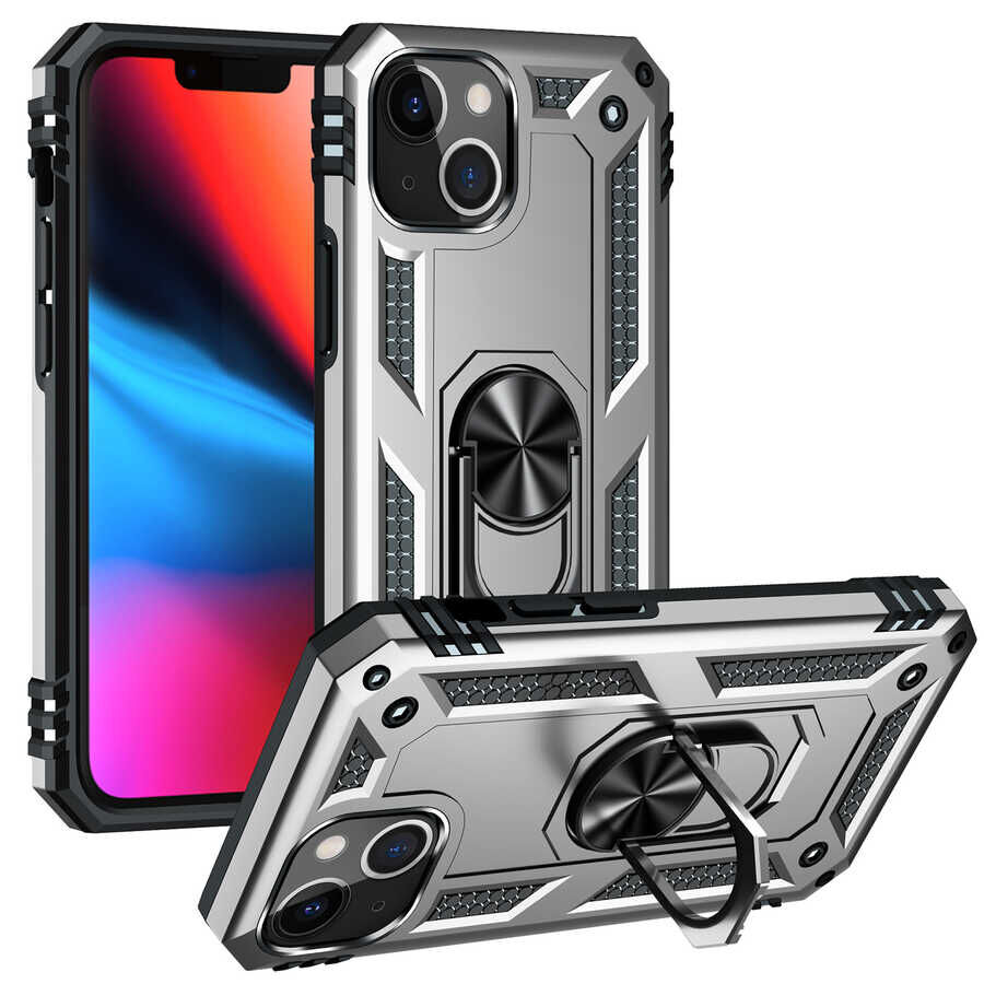 iPhone 13 Mini Kılıf Vega Tank Sert Yüzüklü Standlı Zırh Koruma Kapak Gri
