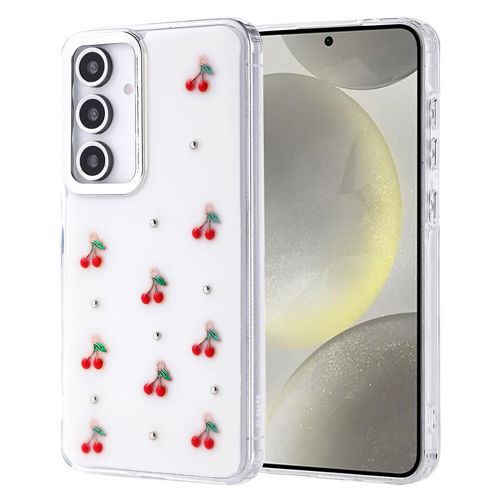 Samsung Galaxy S24 FE Kılıf Airbag Tasarımlı Simli Şeffaf Kutup Kapak Kiraz