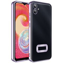Samsung Galaxy A07 Kılıf Logo Gösteren Parlak Kenarlı Kamera Lens Korumalı Şeffaf Omega Silikon Kapak Gold