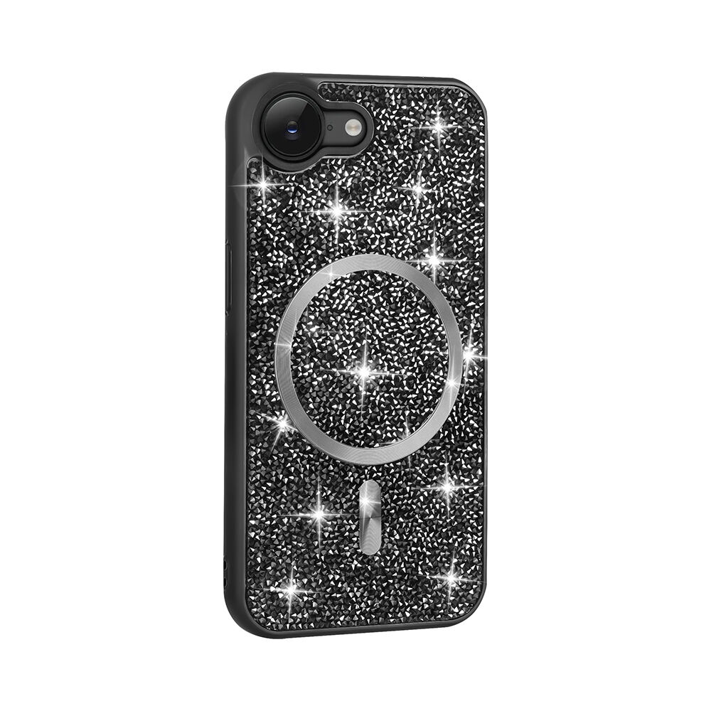 iPhone 16E Kılıf Pırlanta Tasarımlı Kablosuz Şarj Özellikli Mozaik Silikon Kapak Siyah