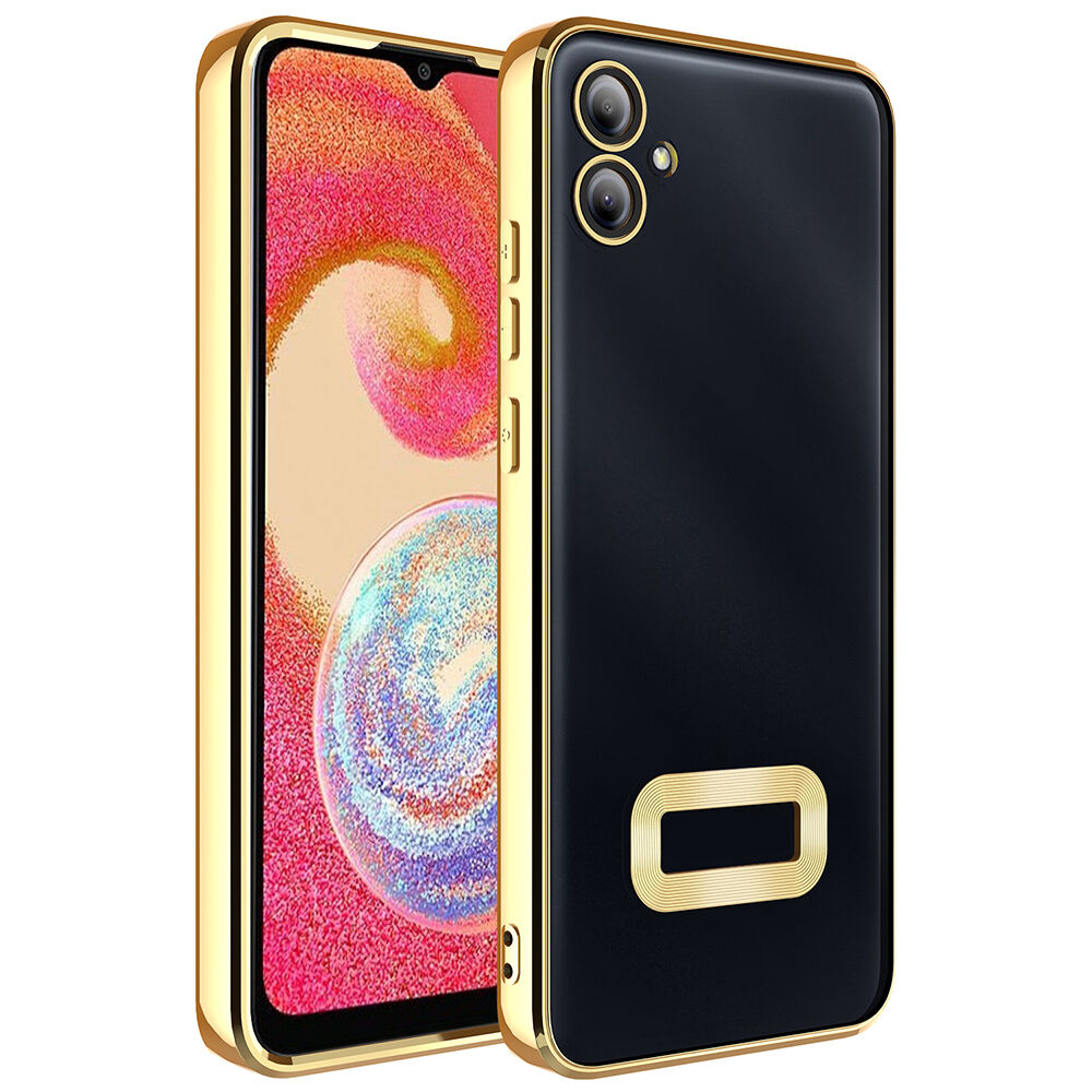 Samsung Galaxy A07 Kılıf Logo Gösteren Parlak Kenarlı Kamera Lens Korumalı Şeffaf Omega Silikon Kapak Gold