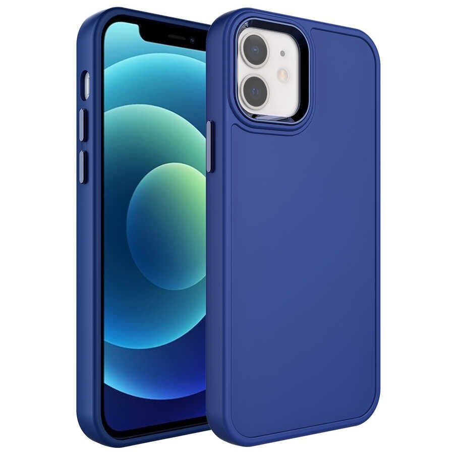 iPhone 11 Kılıf Metal Çerçeve ve Buton Tasarımlı Sert Botox Kapak Lacivert
