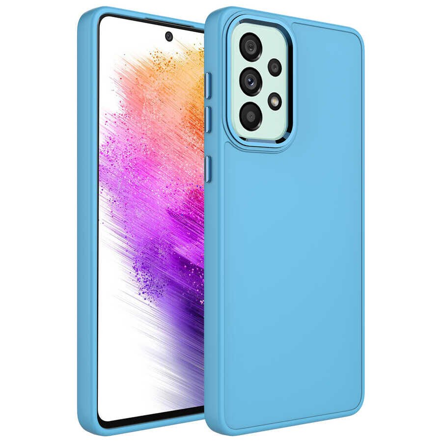 Samsung Galaxy A73 Metal Çerçeve ve Buton Tasarımlı Silikon Luna Kapak kılıf Sierra Mavi