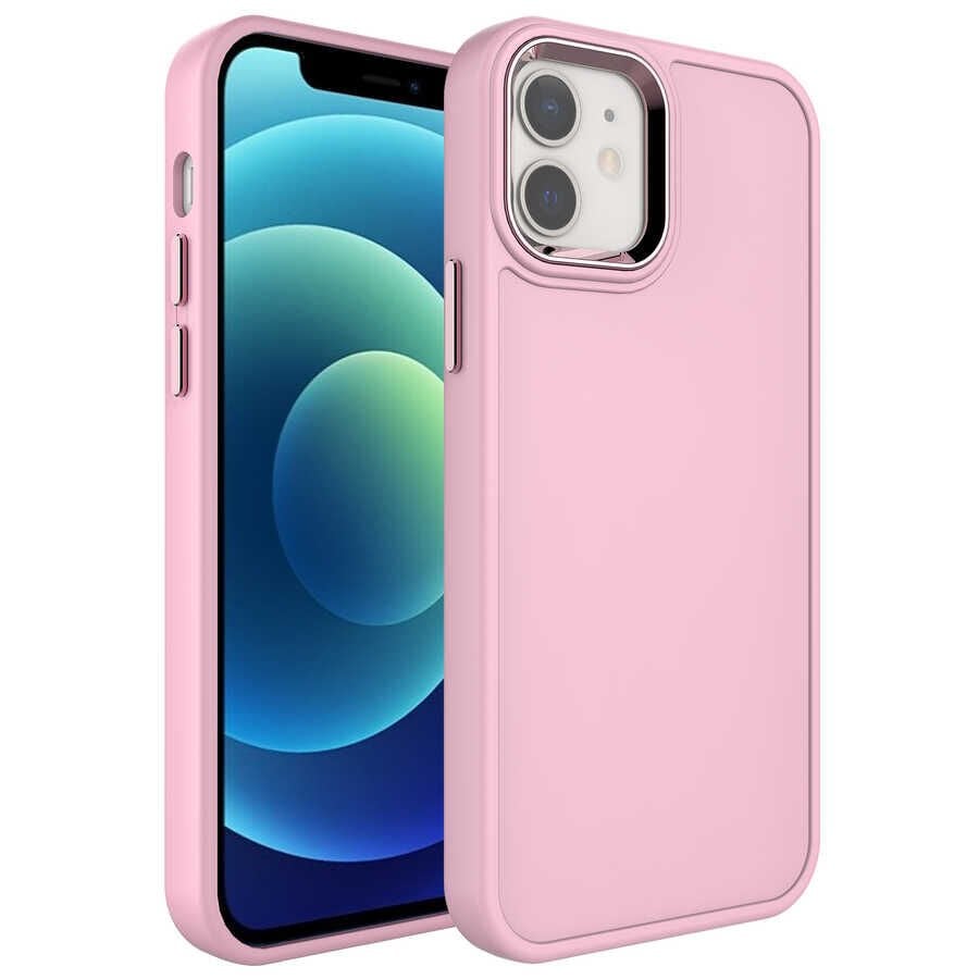 iPhone 11 Kılıf Metal Çerçeve ve Buton Tasarımlı Sert Botox Kapak Pembe Açık