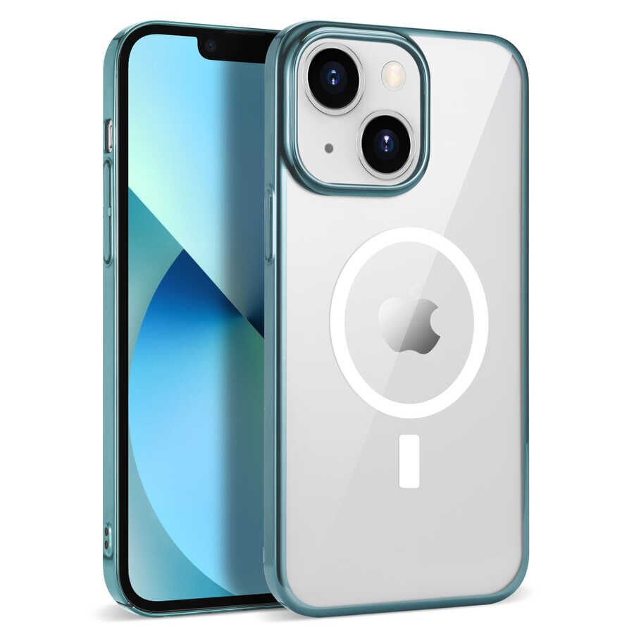 iPhone 14 Plus Kılıf Wireless Şarj Özellikli Pixel Magsafe Kapak Sierra Mavi