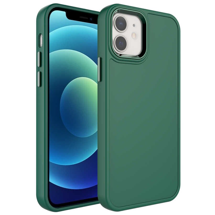 iPhone 11 Kılıf Metal Çerçeve ve Buton Tasarımlı Sert Botox Kapak Koyu Yeşil