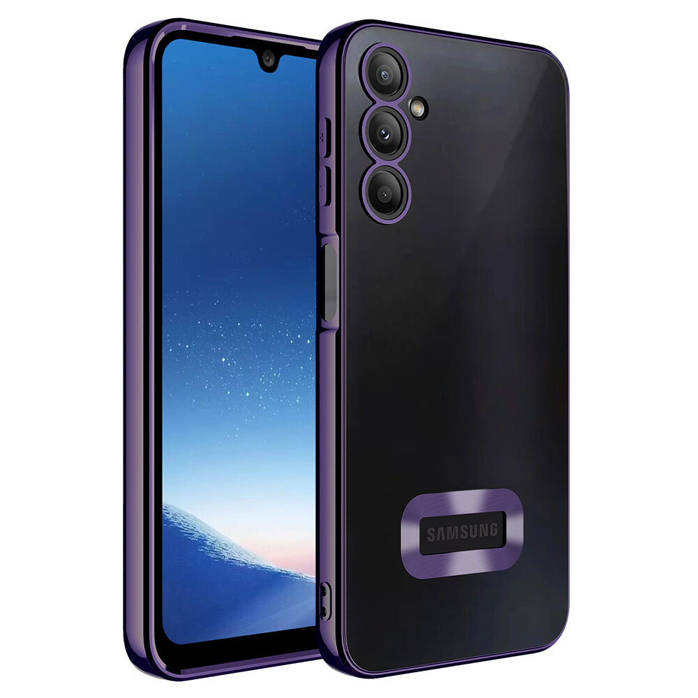 Samsung Galaxy A26 Logo Gösteren Parlak Kenarlı Kamera Lens Korumalı Şeffaf Omega Silikon Kapak Derin Mor