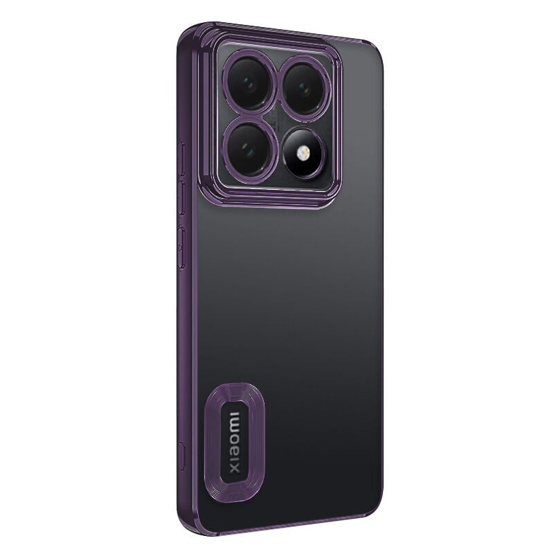Xiaomi 14T Pro Kılıf Logo Gösteren Parlak Kenarlı Kamera Lens Korumalı Şeffaf Omega Silikon Kapak Derin Mor