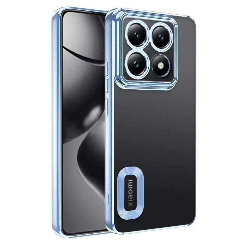 Xiaomi 14T Pro Kılıf Logo Gösteren Parlak Kenarlı Kamera Lens Korumalı Şeffaf Omega Silikon Kapak Sierra Mavi