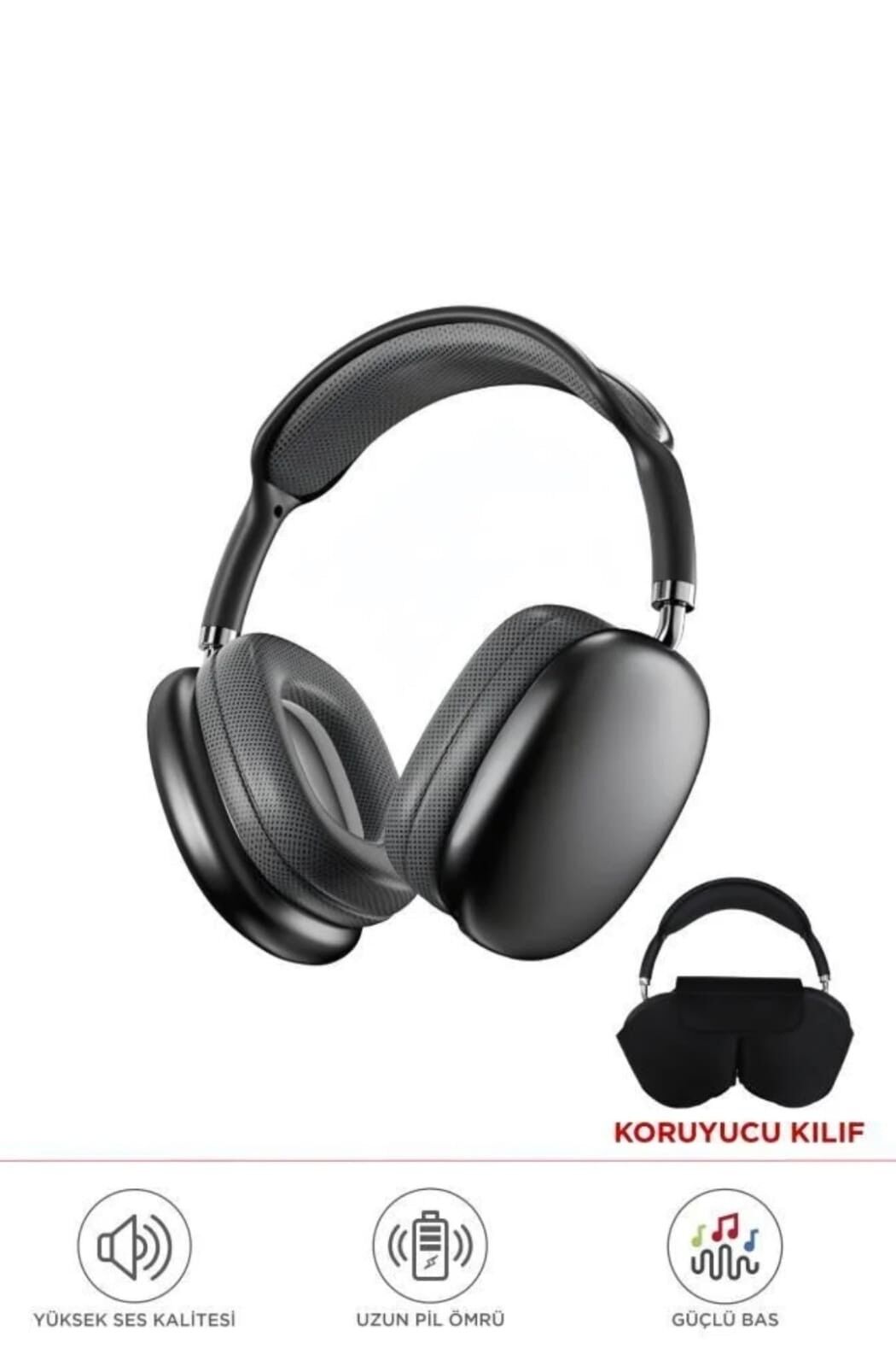 P9 Air Pro Max Kablosuz 5.3 Mikrofonlu Sd Kart Girişli Aux Kablolu Bluetooth Kulaklık Kılıf Hediyeli Siyah