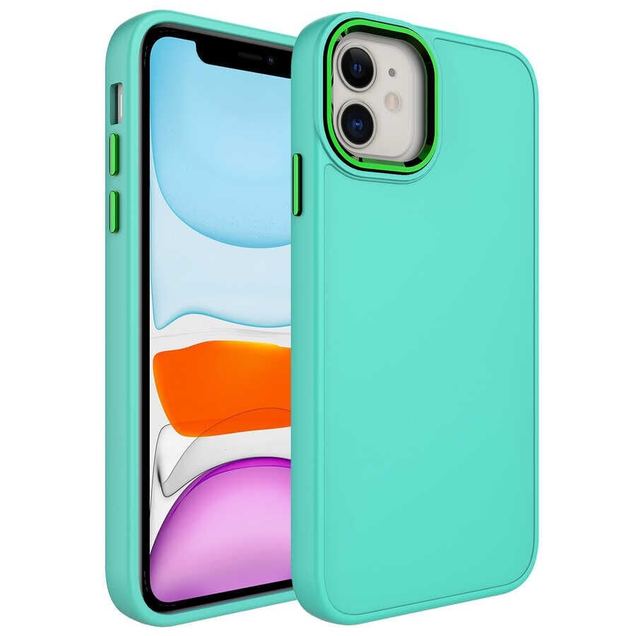 iPhone 11 Kılıf Metal Çerçeve ve Buton Tasarımlı Silikon Luna Kapak Turkuaz