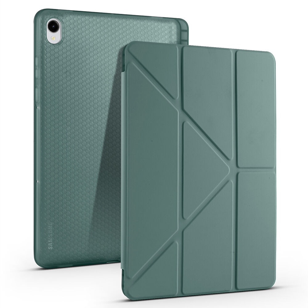 Samsung Galaxy Tab S11 Kılıf Tri Folding Kalem Bölmeli Standlı Kılıf Koyu Yeşil