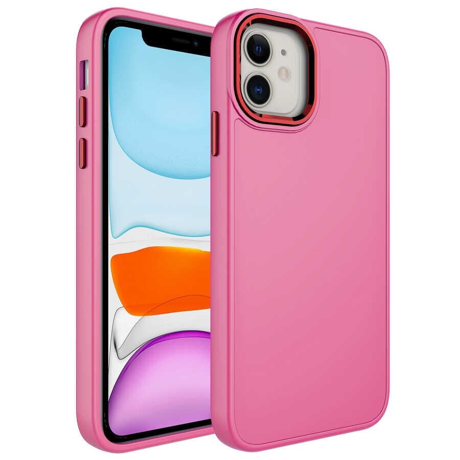 iPhone 11 Kılıf Metal Çerçeve ve Buton Tasarımlı Silikon Luna Kapak Pembe