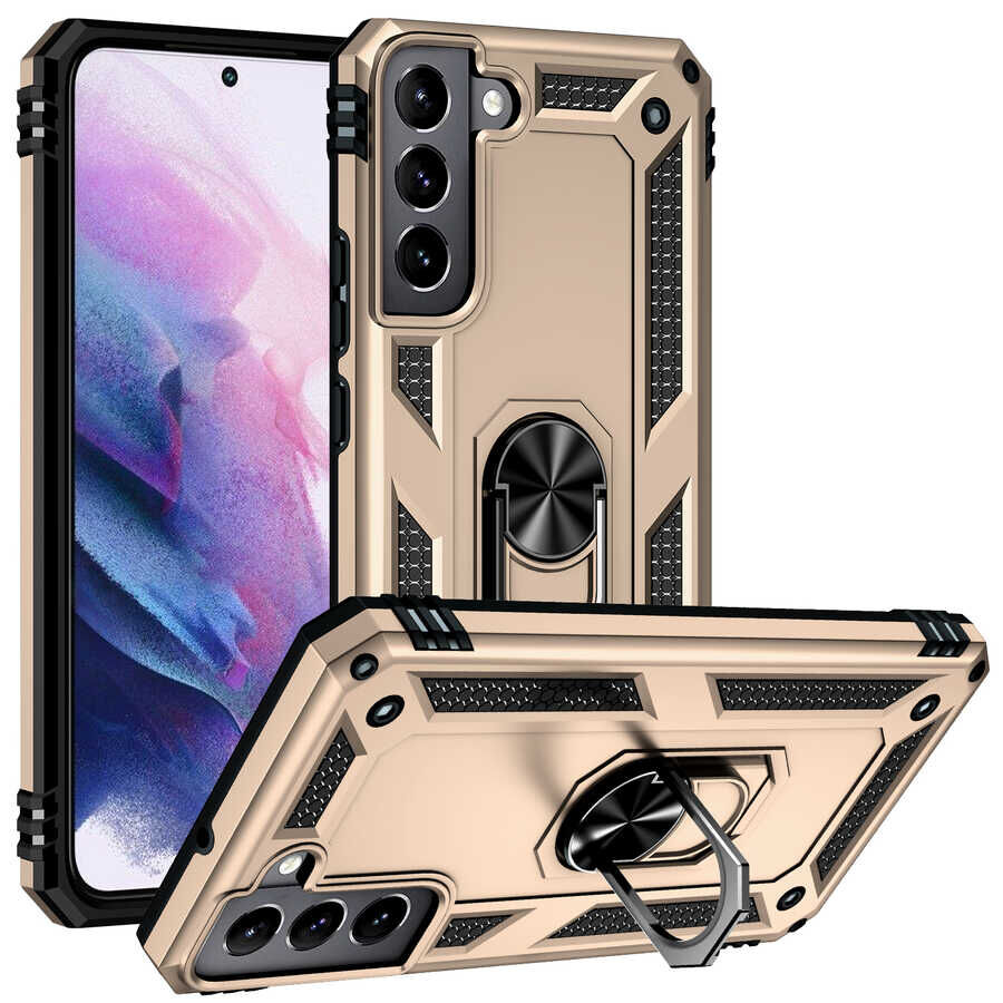Samsung Galaxy S22 Plus Kılıf Vega Tank Sert Yüzüklü Standlı Zırh Koruma Kapak Gold